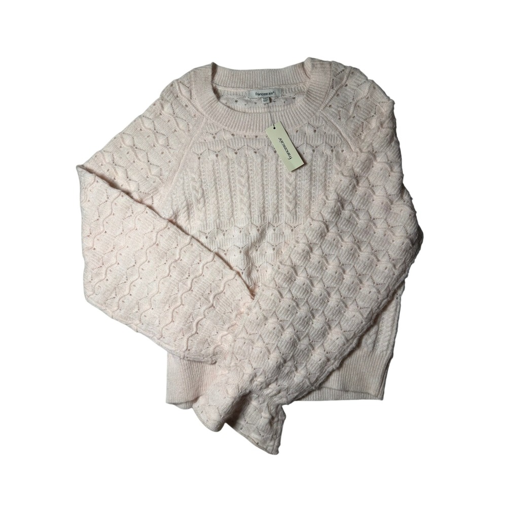 Francescas Light Pink Pointelle Cable Knit Ruffle Cuff Sweater XL NWT ST23971-V2